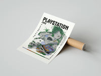 Rolled Overgrown PlayStation console with controller poster beside its crush-resistant kraft shipping tube