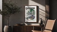 Overgrown PlayStation console with controller poster framed above a fluted sideboard beside an olive tree