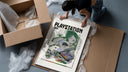Overgrown PlayStation console with controller framed print being unpacked from protective bubble wrap and a box