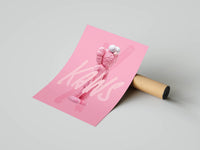 Plush pink KAWS-style figure standing on a vibrant pink background with expressive brushwork