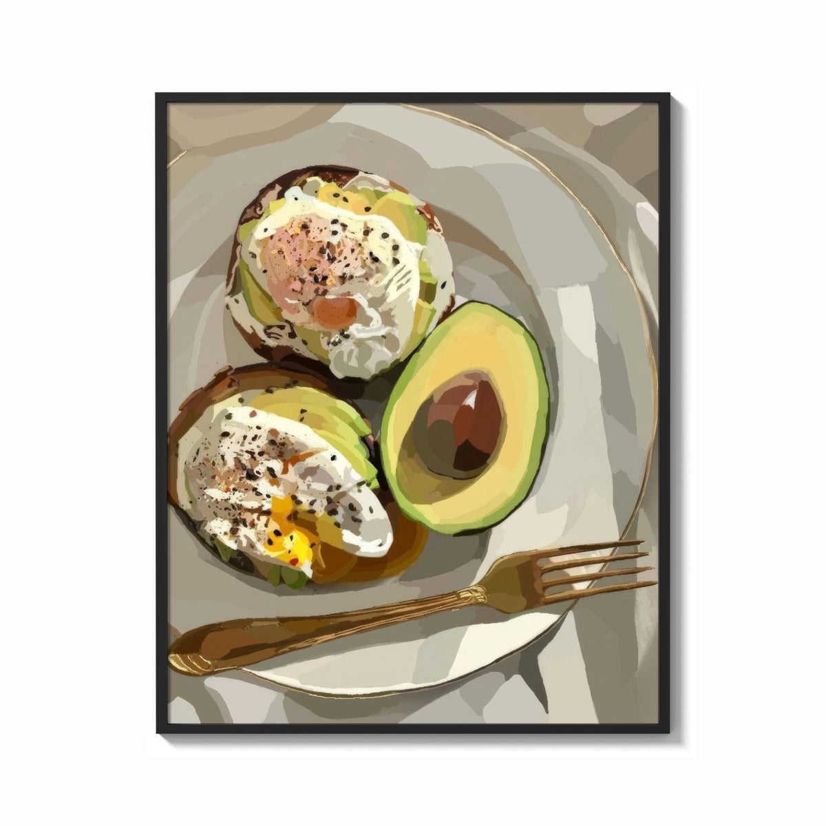 Framed Poached Eggs on Avocado Toast print shown as a bold statement piece on a clean gallery wall