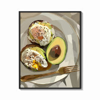 Framed Poached Eggs on Avocado Toast print shown as a bold statement piece on a clean gallery wall