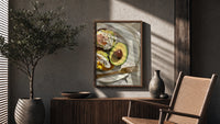 Poached Eggs on Avocado Toast poster framed above a fluted sideboard beside a potted tree