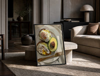 Poached Eggs on Avocado Toast print on the floor, leaning against a travertine table