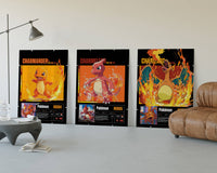 Pokemon Charmander Charmeleon and Charizard poster set styled in a contemporary living room