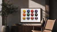 Twelve Pool Balls Solids and Stripes print in a walnut frame above a fluted sideboard and cane chair