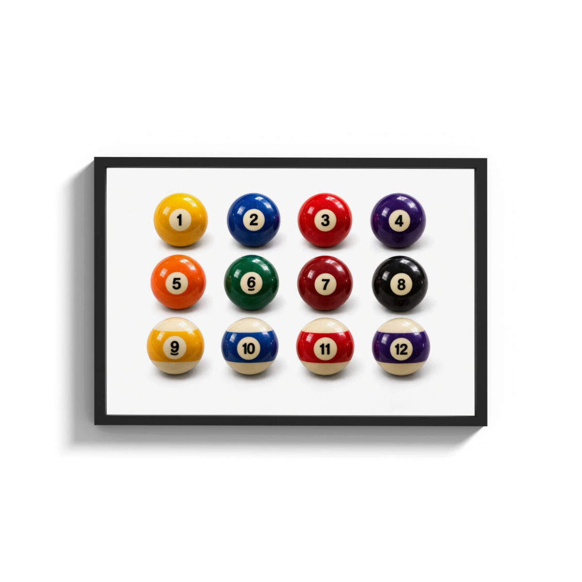 Framed Twelve Pool Balls Solids and Stripes print shown as a wide statement piece on a clean white wall