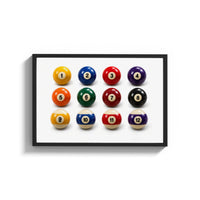 Framed Twelve Pool Balls Solids and Stripes print shown as a wide statement piece on a clean white wall