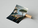 Porsche 911 coastal road poster displayed in black frame on white wall in modern interior
