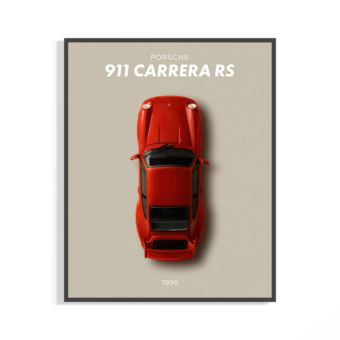 Red 1995 Porsche 911 Carrera RS shown top-down on warm grey background in a dark display frame