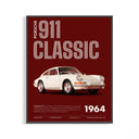 Porsche 911 Classic 1964 vintage car poster shown in a dark frame on a wall