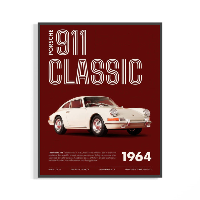 Porsche 911 Classic 1964 vintage car poster shown in a dark frame on a wall