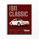 Porsche 911 Classic 1964 vintage car wall art poster displayed in a dark frame