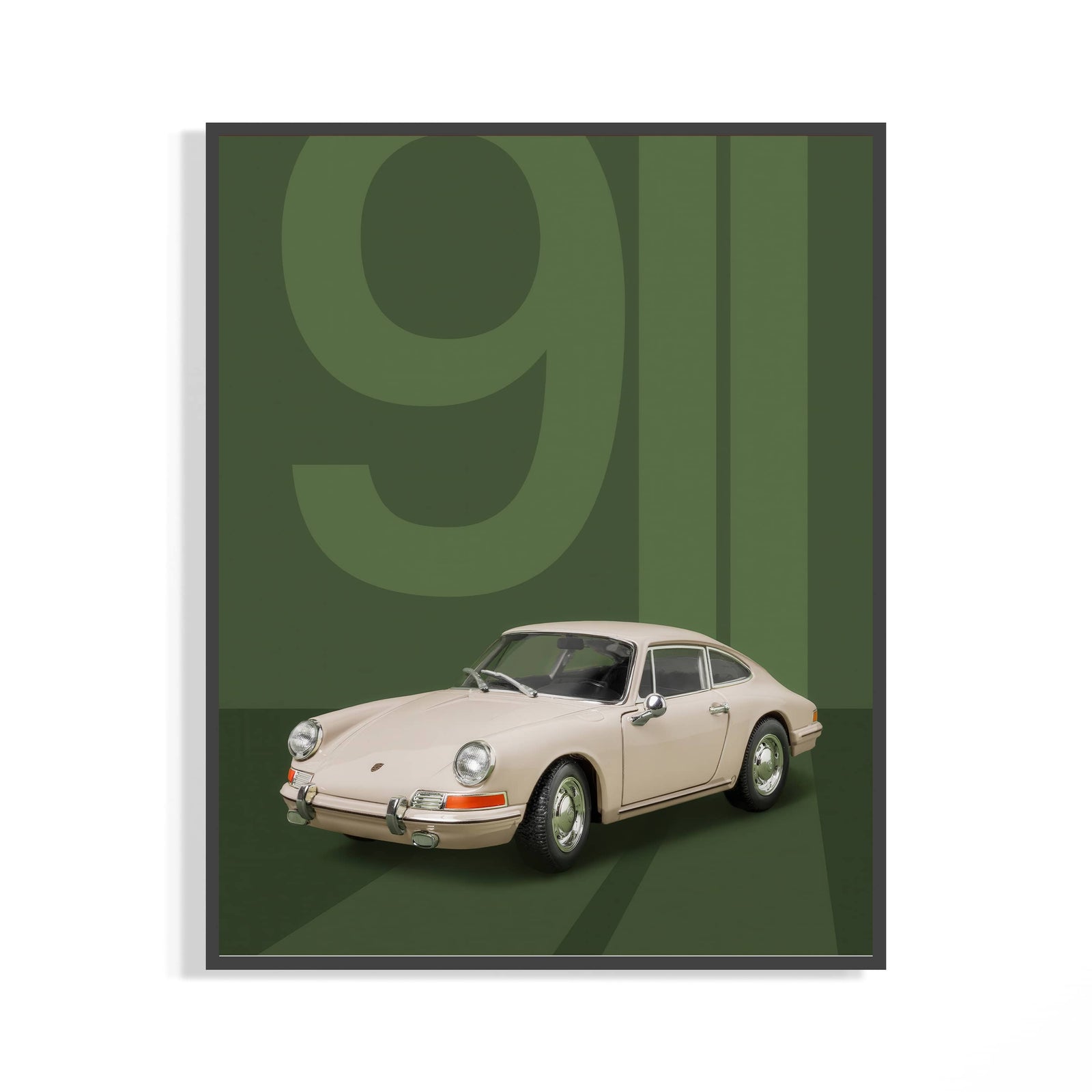 Porsche 911 Classic minimalist green backdrop poster shown in a dark frame on a wall