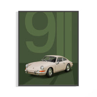 Porsche 911 Classic minimalist green backdrop poster shown in a dark frame on a wall