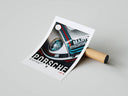 Porsche 911 Martini Racing 1979 halftone retro print flat lay with cardboard shipping tube