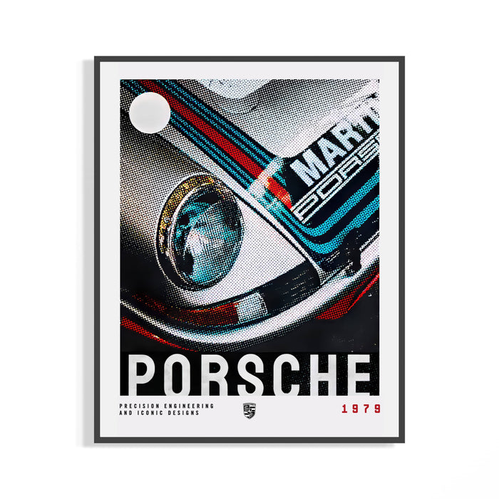 Halftone pop art close-up of a 1979 Porsche 911 Martini Racing headlight in a black frame