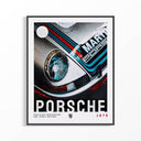 Porsche 911 Martini Racing 1979 pop art poster with halftone headlight close-up in a black frame