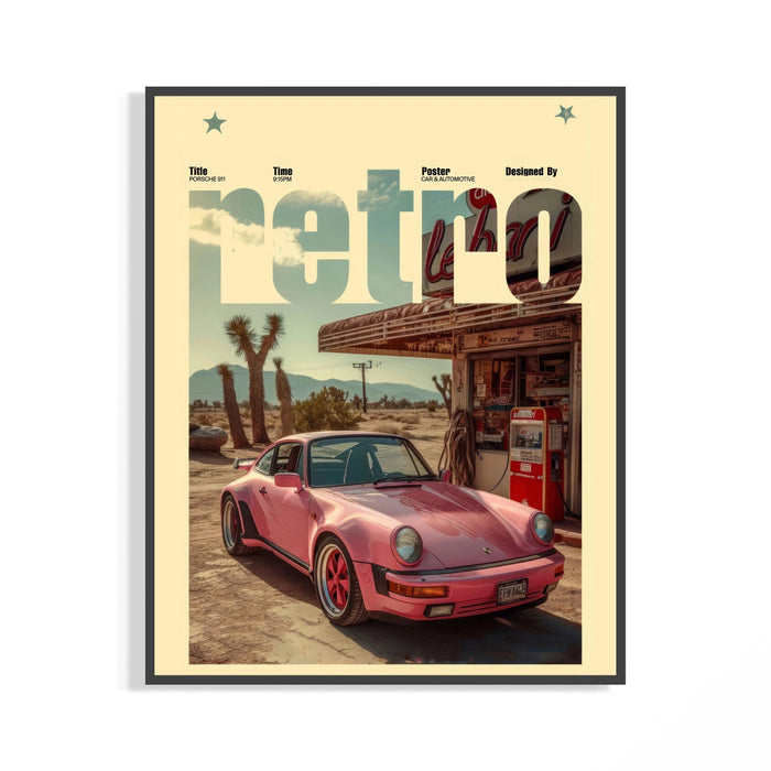 Pink Porsche 911 by a desert gas station with joshua trees in a black frame poster
