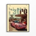 Porsche 911 Retro Gas Station poster print in black frame featuring desert joshua trees with pink porsche 911