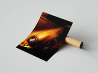 Warm orange close-up of a classic Porsche 911 fender and headlight catching soft studio light