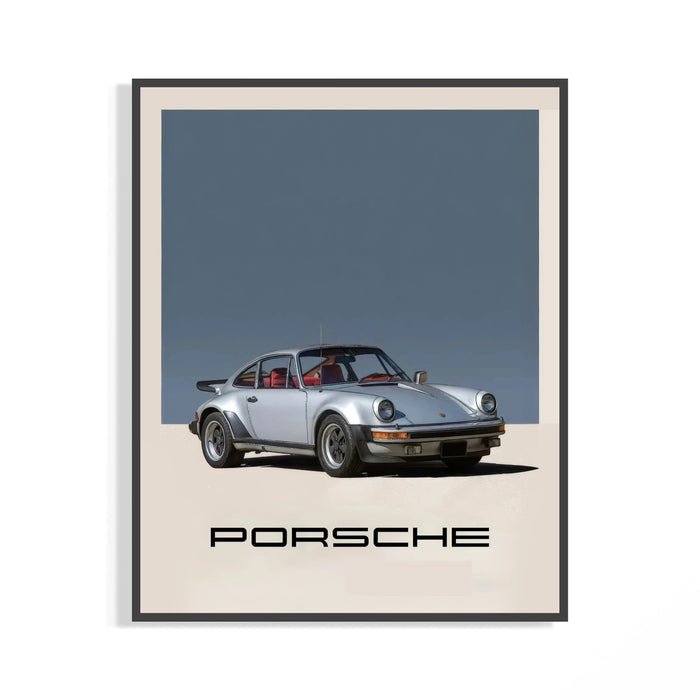 Framed Porsche 911 Turbo Classic Silver poster showing red leather interior and raised rear spoiler