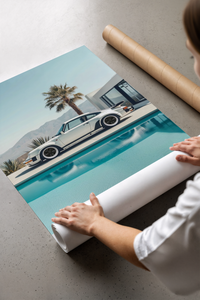 White Porsche 911 Turbo classic sports car print laid flat in a styling flatlay