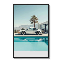 White Porsche 911 Turbo classic sports car poster framed on a white gallery wall