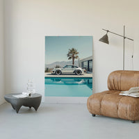 White Porsche 911 Turbo classic sports car poster framed in a luxury living-room setting
