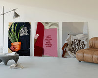 Positive Quotes Set of 3 displayed beside a brown leather sofa