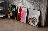 Positive Quotes Set of 3 as black-framed prints leaning against a raw-plaster wall