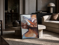 Pouring a Sparkling Drink print on the floor, leaning against a travertine table