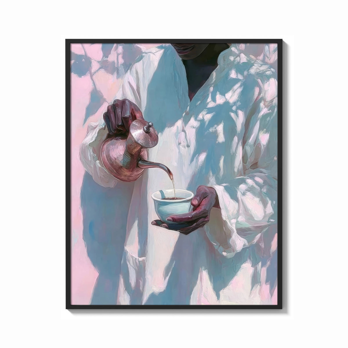 Framed Pouring Tea in a White Robe print shown as a bold statement piece on a clean gallery wall