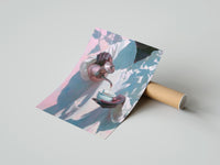 Gently curled Pouring Tea in a White Robe print beside its protective shipping tube