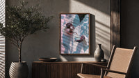 Pouring Tea in a White Robe poster framed above a fluted sideboard beside a potted tree