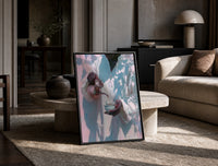 Pouring Tea in a White Robe print on the floor, leaning against a travertine table
