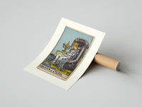 Rolled Queen seated on throne holding cup poster beside its crush-resistant kraft shipping tube
