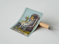 Gently curled Queen of Cups print beside its protective shipping tube