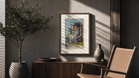 Queen seated on throne holding cup poster framed above a fluted sideboard beside an olive tree