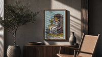 Queen of Cups poster framed above a fluted sideboard beside a potted tree