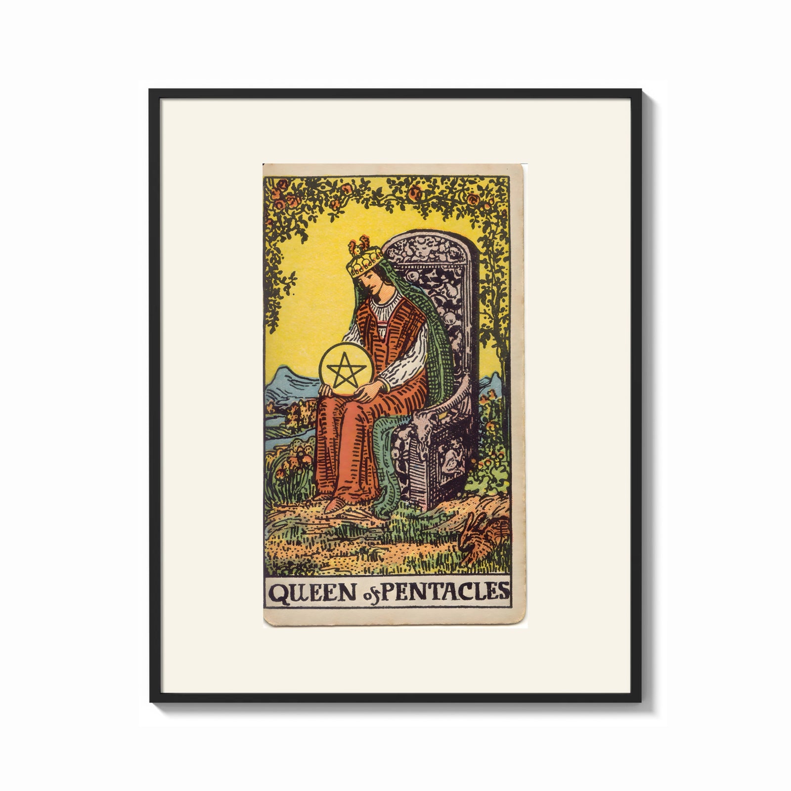 Framed Crowned queen holding pentacle on throne print shown as a bold statement piece on a clean gallery wall