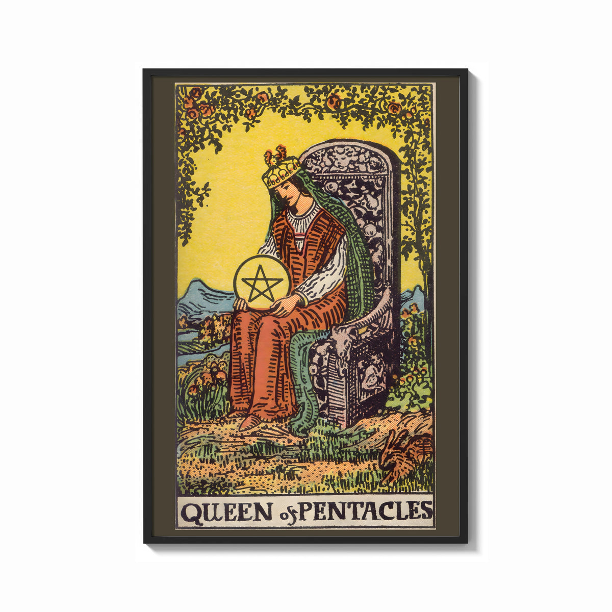 Framed Queen of Pentacles print shown as a bold statement piece on a clean gallery wall