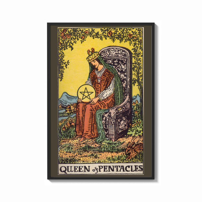 Framed Queen of Pentacles print shown as a bold statement piece on a clean gallery wall