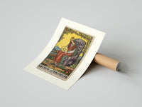 Rolled Crowned queen holding pentacle on throne poster beside its crush-resistant kraft shipping tube