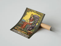 Gently curled Queen of Pentacles print beside its protective shipping tube