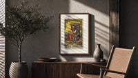 Crowned queen holding pentacle on throne poster framed above a fluted sideboard beside an olive tree