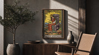 Queen of Pentacles poster framed above a fluted sideboard beside a potted tree