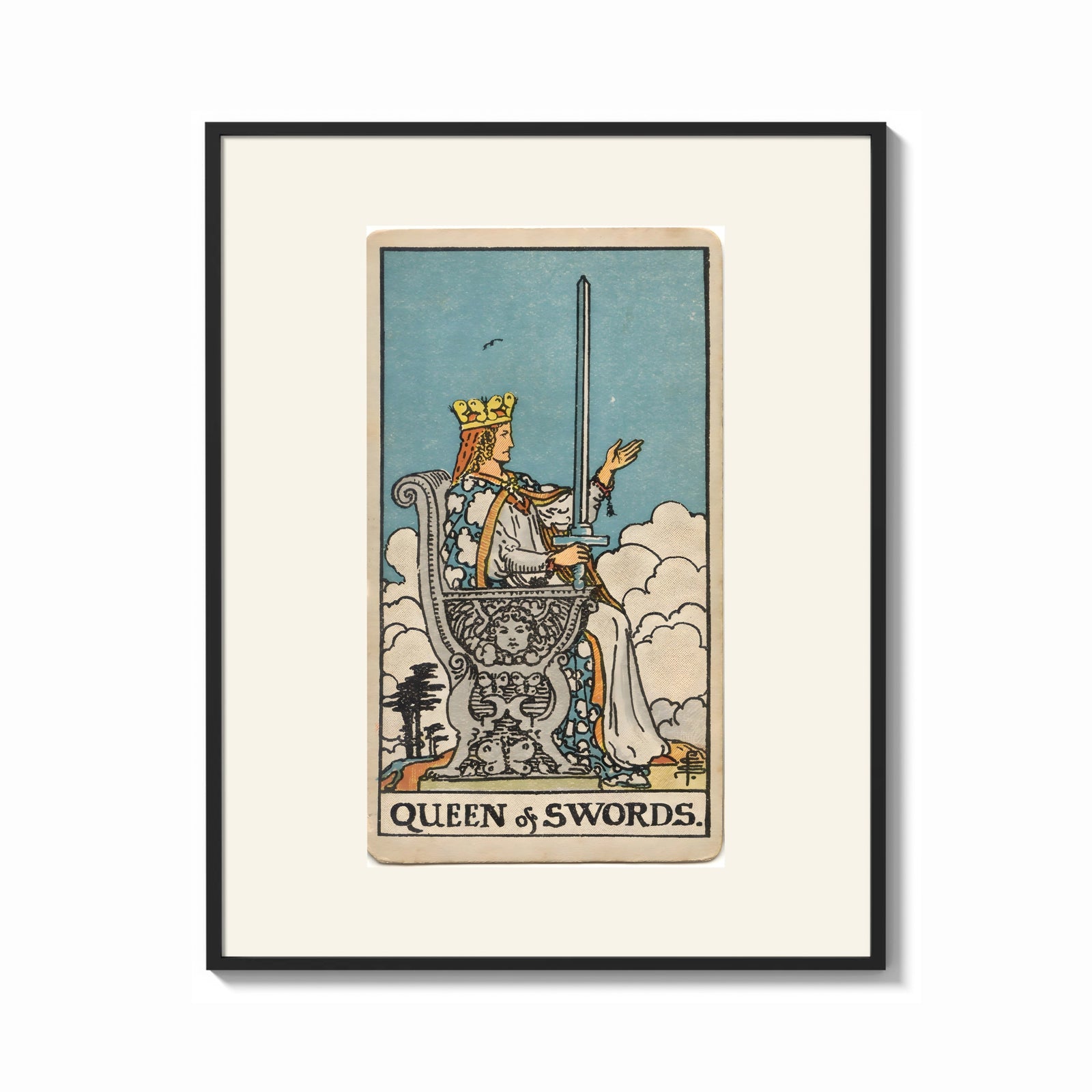 Framed Queen of Swords tarot card print shown as a bold statement piece on a clean gallery wall