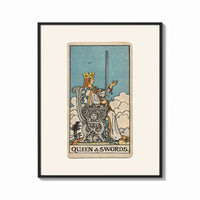 Framed Queen of Swords tarot card print shown as a bold statement piece on a clean gallery wall