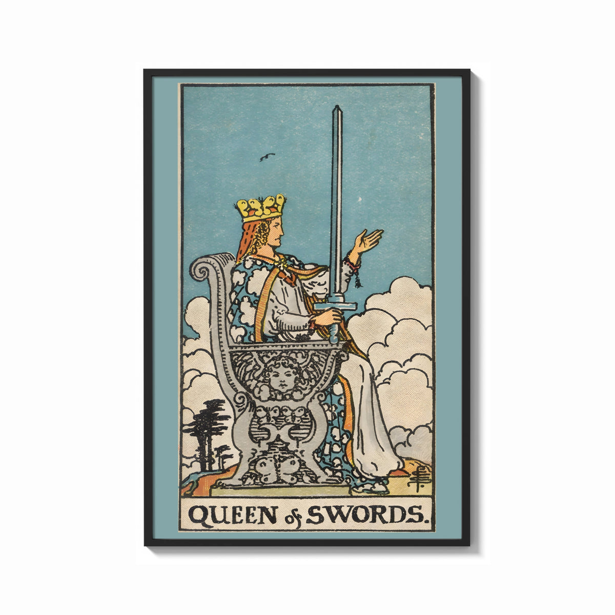 Framed Queen of Swords print shown as a bold statement piece on a clean gallery wall